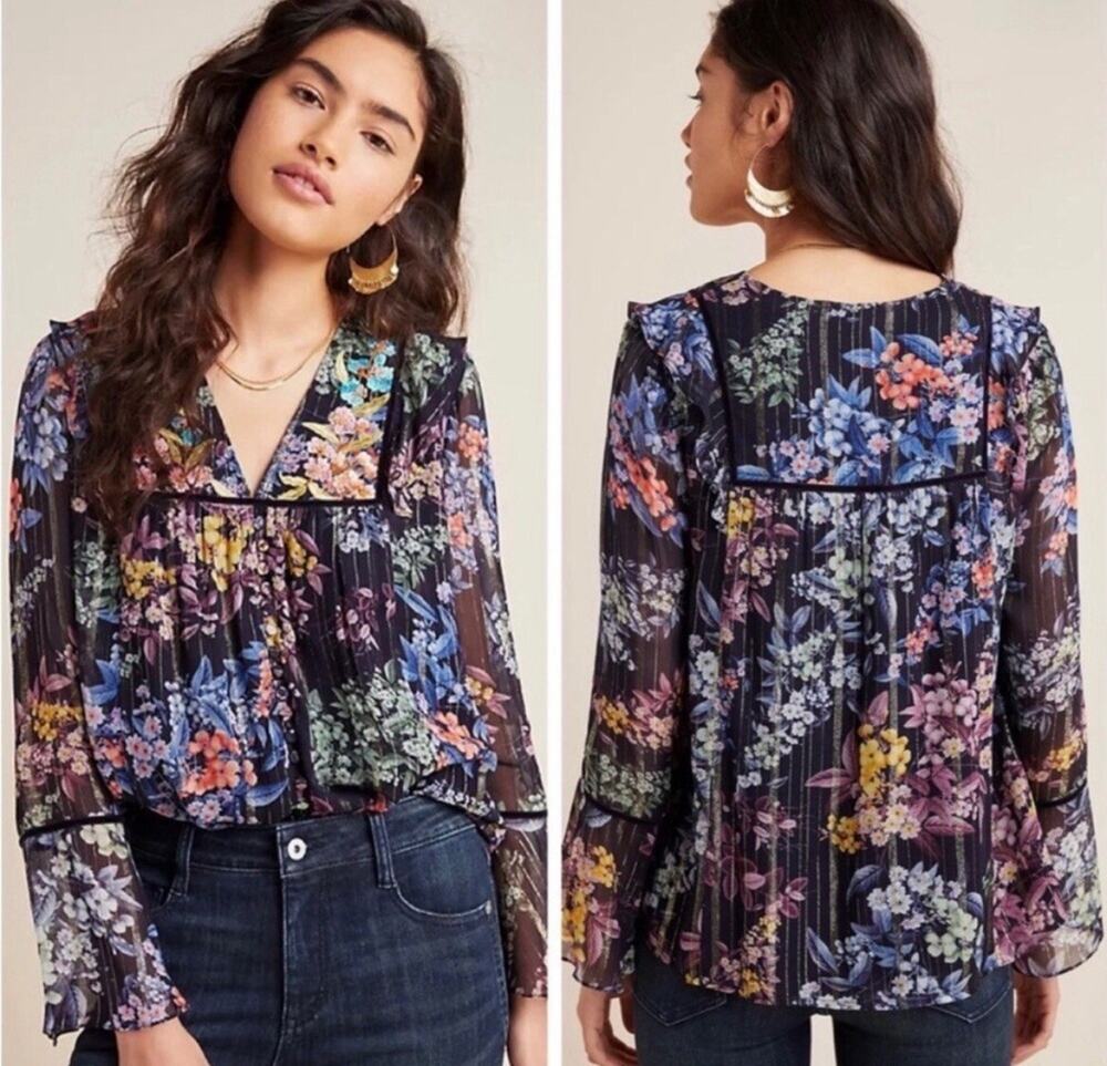 Anthropologie Vineet Bahl Vivienne Embroidered Black Floral Top Medium